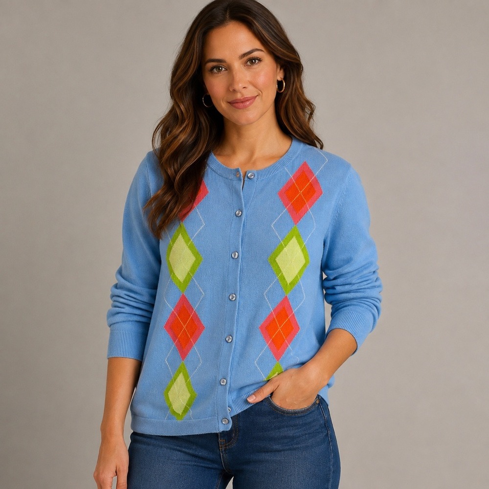 August Silk Womens Argyle Cardigan Sweater Blue Orange Green Button Up XXL